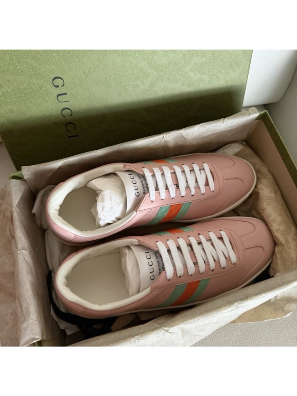 NEW Gucci Women's Sneakers Pink G74 Leather Web White size 38 8 US - Picture 8 of 10